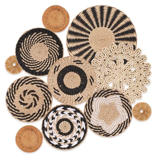 Boho Wall Basket Decor Set of 11 - Hanging Woven Bulrush Basket Wall Decor, Handcrafted Round Flat Baskets Wall Art, for Rustic Farmhouse、Home - Unique Rattan Wicker Wall Decor（Black Retro） - color: Black Retro