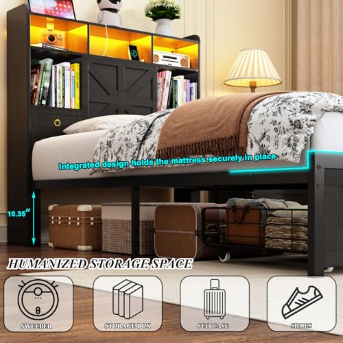 Twin Bed Frame with Storage Headboard, Farmhouse Platform Bed Frame with Bookshelf, Drawers, LED Lights and Charging Station, Metal Slats Support, Noise Free, No Box Spring Needed, Black - size: Twin