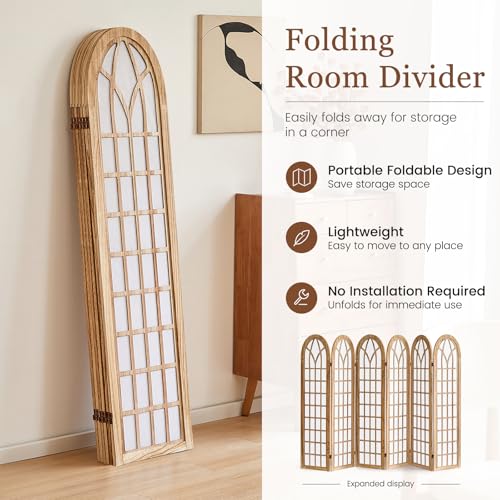 6 Panel Japanese Room Divider, Folding Privacy Screen, Natural | Arched Wood Room Divider, 94.5"W X 66.9"H, Fully Assembled For Bedrooms, Open Rooms, Dining Areas, And Home Offices - color: 6 Panel Natural, size: 6 Panel
