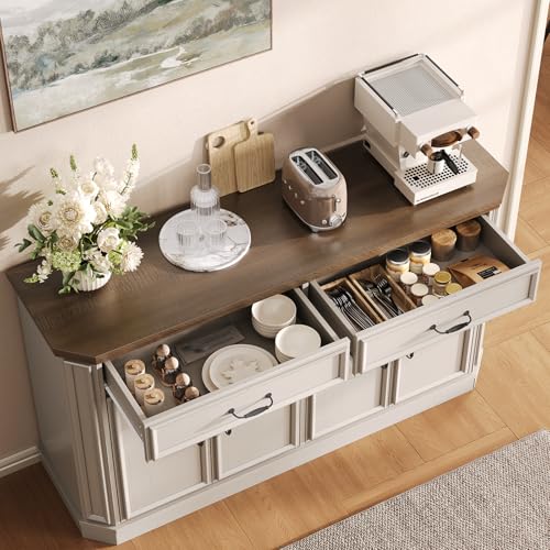 55" Sideboard Buffet Cabinet with 2 Storage Drawers & 4 Doors, Modern Kitchen Sideboards and Buffets with Adjustable Shelves, Wood Coffee Bar Cabinet for Living Room, Entryway, Off-White