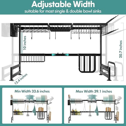 2 Tier Extra Large Stainless Steel Over The Sink Dish Drying Rack | Rust Proof Metal, Expandable Kitchen Sink Drainer, Counter Space Saving, Heavy Duty, Modern Black, Multifunctional Storage - color: Black, size: Over Sink 2 Tier