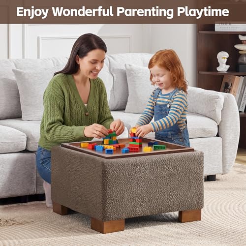 WUTUTUEE 24" Square Ottoman Coffee Table with Storage, Boucle Ottomans with Tray and Solid Wood Legs for Living Room, Bedroom and Apartments, Small Modern Ottoman Tea Table with Lift-Off Lid, Brown - color: 24'' Brown Boucle