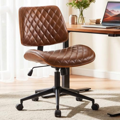 Furnimart Wooden Armless Desk Chair with Wheels, 360° Swivel Faux Leather Vanity Chair for Bedroom, Small Office Computer Task Chair for Home & Compact Spaces (PU Brown) - color: Pu-brown