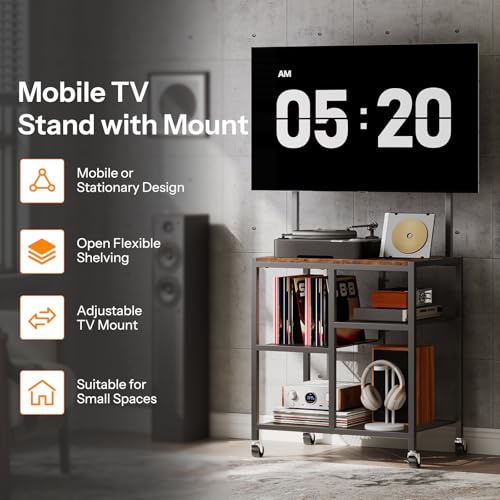 HOOBRO Small TV Stand with Wheels and Mount for 50 Inch TVs, Mobile Rolling TV Stand with Storage Shelves, Small Entertainment Center, for Living Room, Bedroom, Study, Rustic Brown BF37DS01 - color: Rustic Brown + Black