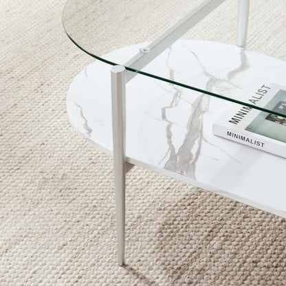 LumFurn Oval Glass Coffee Table, Mid-Century Modern Design for Living Room, L41xW21xH17inch, Clear Glass, White Marble Finish Wood & Silver Finish Frame - color: Oval L41" Silver & White Marble