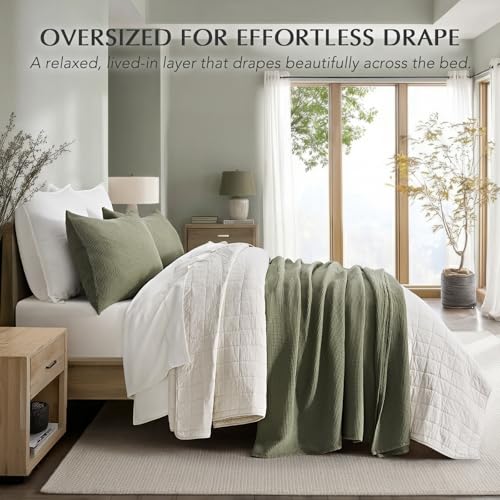 100% Cotton Waffle Coverlet Set, Queen Size, Olive Green | Soft Premium Waffle Weave Cotton Bed Blanket, Lightweight Oversized Bedspread, All Season 3-Piece Bedding Set with 2 Shams - color: Olive Green, size: Full/Queen (92" X 96")