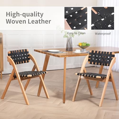 Folding Dining Chairs Set of 2 | Wooden Foldable Chair with Leather-Woven Backrest and Widened Seat Extra for Guests Kitchen Office Wedding Picnic Black - color: Black With Leather Strap, size: 2PCS