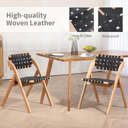 Folding Dining Chairs Set of 2 | Wooden Foldable Chair with Leather-Woven Backrest and Widened Seat Extra for Guests Kitchen Office Wedding Picnic Black - color: Black With Leather Strap, size: 2PCS