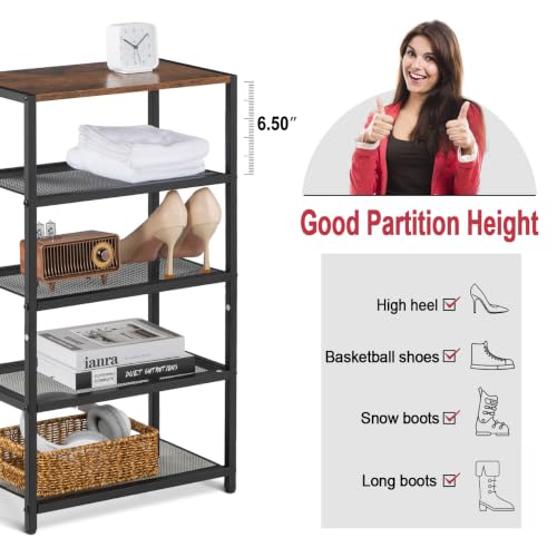 Tall Narrow Shoe Rack for Entryway Closet,5-Tier Shoe Storage Shelf | Small Vertical Shoe Organizer Wood, Sturdy Metal Mesh Shelves, Wooden Table Top, Holds 10 Pairs, for Front Door Entrance - size: 17"D x 10.24"W x 30.7"H
