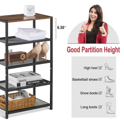 Tall Narrow Shoe Rack for Entryway Closet,5-Tier Shoe Storage Shelf | Small Vertical Shoe Organizer Wood, Sturdy Metal Mesh Shelves, Wooden Table Top, Holds 10 Pairs, for Front Door Entrance - size: 17"D x 10.24"W x 30.7"H