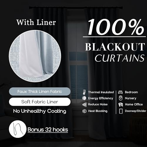 Sky Blue Pleated Blackout Curtains 96 Inch Long 2 Panel Set, Heavy Linen Lined Back Tab 100% Black Out Nursery Curtains Boy, Light Blue - color: Light Blue, size: 50"W x 96"L (Pack of 2)