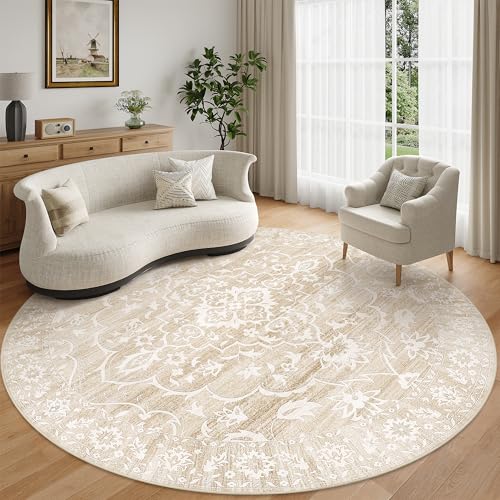 Soalmost Washable Round Rug 8ft for Living Room, Soft Circle Area Rug Beige | Vintage Floral Ultra-Thin Non-Slip Rugs, 8x8 Round Throw Carpet for Dining Room Nursery Bedroom Kitchen 8'Round - color: Beige, size: 8' (Round)