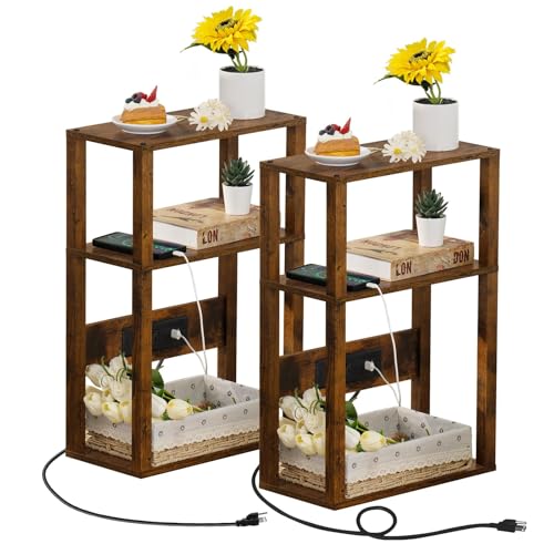 YUFAM 3-Tier Narrow Bedside Table Set 2 for Small Spaces, Skinny Nightstand | Thin Side Table with Charging Station, Slim End Table with USB & Outlets, Easy Assembly for Couch, Living Room, Bedroom,Brown - color: Brown, size: 2 Pack