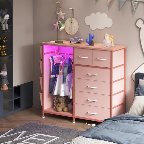 6 Drawer Dresser for Bedroom with Clothes Rack, Clothes Dresser with Side Pockets and Hooks, Charging Station & LED Lights, Wooden Top, Fabric Storage (Pink) - color: Pink