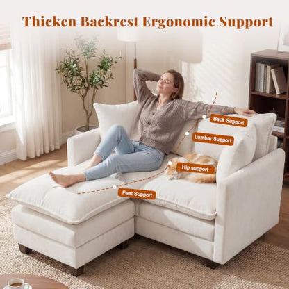 50'' Loveseat Sofa Set with Ottoman, Small Couch Set 2 Piece Cloud Love Seat 27" Deep Seat Washable Pillows Couches for Small Spaces Apartment Living Room, Beige - color: Beige, size: 50"+50"L