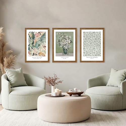 JLTULT Matisse Wall Art Set of 3, Solid Wood Framed Canvas, 16 x 24 Inches | Sage botanical prints by Matisse, Van Gogh and William Morris on fade-resistant canvas with ready-to-hang solid wood frames - color: Matisse, size: 24"L x 16"W