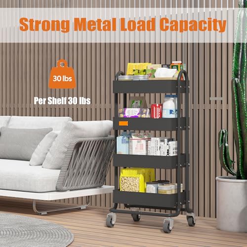 4-Tier Metal Rolling Cart with Wheels,4 Tier Utility Cart with Wheels for Office,Home,Kitchen,Garden（13.4"x18.1"x40"） Black - color: Black, size: 40"H