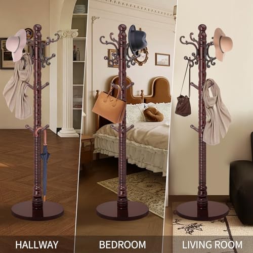 Wood Coat Rack Stand, Vintage Wooden Coat Rack Freestanding with Sturdy Round Base,Classic Coat Racks with 14 Hooks, Natural Birch Wood Standing Coat for Entryway (Vintage Round chassis)