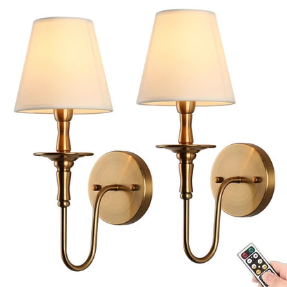 Antique Wall Sconces Battery Operated Set of 2,No Wiring Rechargeable Wall Lights with Remote , Brass Vintage Fabric Shade Wall Lamp Fixtures Gold for Living Room Bedroom Hallway Farmhouse TV