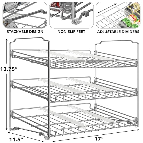 Simple Houseware Stackable Can Rack, Silver, Adjustable Plastic Dividers, Holds 36 Cans | Can Food Storage Dispenser for Pantry/Cabinet, Adjustable Dividers – 11.5" D x 17" W x 13.75" H - color: Silver