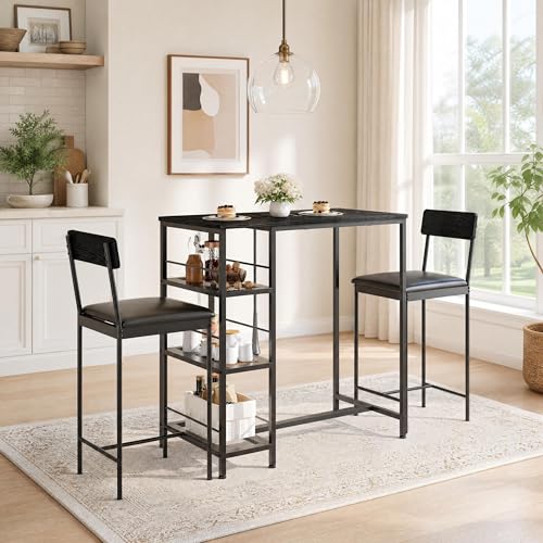 3-Piece Counter Height Dining Set for 2, Small Space Pub Table with 2 Upholstered High-Back Stools, Narrow Kitchen Bar Table with 3-Tier Storage Shelf, Industrial Dining Set for Breakfast Nook - color: Black
