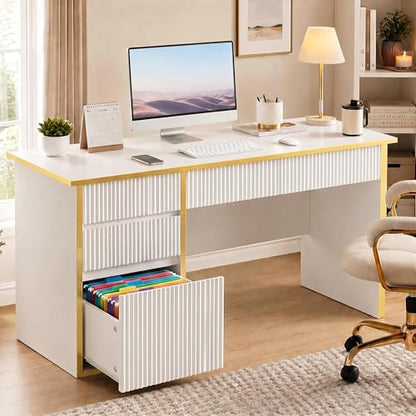4 EVER WINNER 47-Inch Fluted Computer Desk with 4 Drawers, White and Gold | Compact Home Office Desk with 4 Storage Drawers, Including a Deep File Drawer, White and Gold Desk for Bedroom, Small Spaces - color: White and Gold