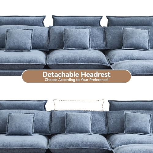 103'' Cloud Modern 3 Seater Couch with Detachable Headrest, Modular Sectional Sofa with Ottoman, Oversized L Shape Chenille Comfy Sofa with Armrests for Living Room, Blue - color: Blue, size: L Shaped Couch