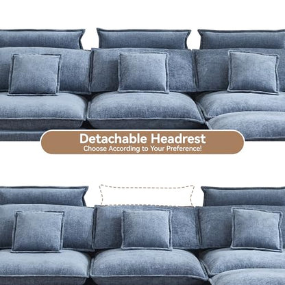 103'' Cloud Modern 3 Seater Couch with Detachable Headrest, Modular Sectional Sofa with Ottoman, Oversized L Shape Chenille Comfy Sofa with Armrests for Living Room, Blue - color: Blue, size: L Shaped Couch