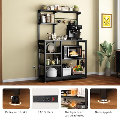 Bakers Rack with Power Outlet, 8-Tier Microwave Cart, Coffee Bar w/ 6 Hooks | 8-Tier Bakers Rack with Power Outlet, Coffee Bar Station & Microwave Cart, Metal Kitchen Storage Shelf with Wheels - color: Black