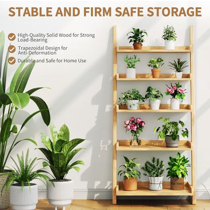 Uniclinens Natural Wooden Ladder Shelf, 5-Tier Ladder Bookshelf, Ladder Shelf Bookcase for Compact Spaces, Wooden Bookshel for Living Room, Bedroom, Home Office,(23.6''Dx15.7''Wx55.1''H) - color: Natural