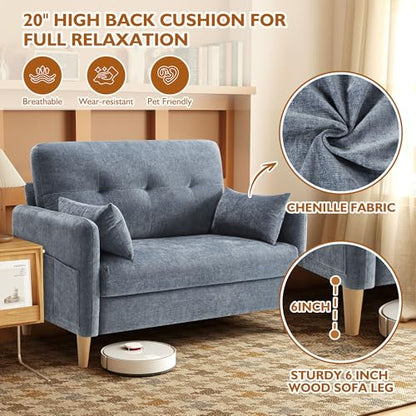 Urhanherry 47" Small Sofa Couch for Bedroom, Soft Chenille loveseat Mini Couch with Throw Pillow and Removable Cushion Cover for Small Spaces, Living Room, Apartment, Dorm, Office(Blue Grey) - color: Blue