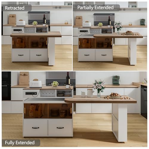 Kitchen Island Storage & Seating, Wheeled & Extendable Table for Kitchen | 360° Swivel Countertop,Built-in Power Outlet,Lockable Casters,Glass Door Storage,Farmhouse Two-tone Finish,White Oak,Drawers