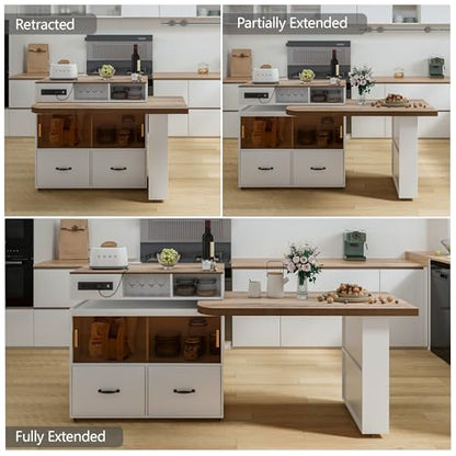 Kitchen Island Storage & Seating, Wheeled & Extendable Table for Kitchen | 360° Swivel Countertop,Built-in Power Outlet,Lockable Casters,Glass Door Storage,Farmhouse Two-tone Finish,White Oak,Drawers
