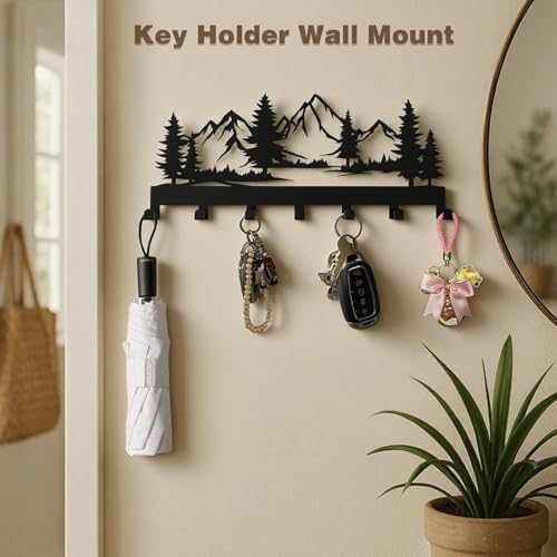 Key Holder Wall Mounted Key Hooks, Black Metal Key Rack Hooks, The Great Grove, Mountain Theme Wall Decoration Hooks, with 7 Hooks, Applicable to Front Doors, Lobby,Corridor, Offices (12 ")