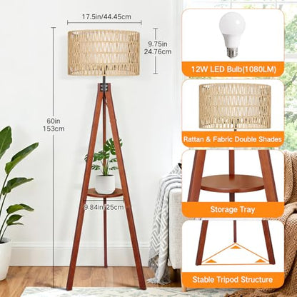 OUTON Boho Rattan Tripod Floor Lamp with Shelves, Remote Control, Dimmable Mid Century Modern Standing Lamp 58.5" for Bedroom, Living Room & Office, Lamp Shade Includes E26 9W Bulb, Walnut - color: Walnut & Rattan Shade