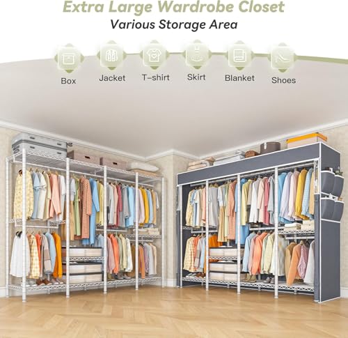Raybee Heavy Duty Clothes Rack with Cover, 1150lbs Capacity, Adjustable | 76" W Freestanding, Zipper Dust Cover, 5 Rods & 6 Shelves, Tool-Free Assembly, Space-Saving for Closet, Bedroom, White - color: White, style: Clothing Rack with Cover