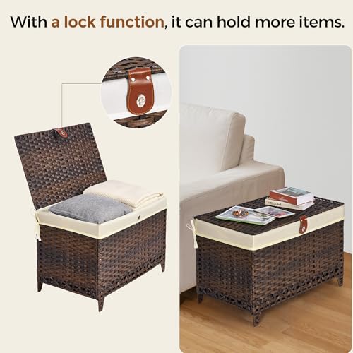 Wicker Storage Basket with Lid, 105L Shelf Basket with Removable Liner Bag | Rattan-Inspired Woven Design, Elevated Feet, Storage Trunk for Wardrobe, Bedroom & Home Organization - color: Brown, size: 105L