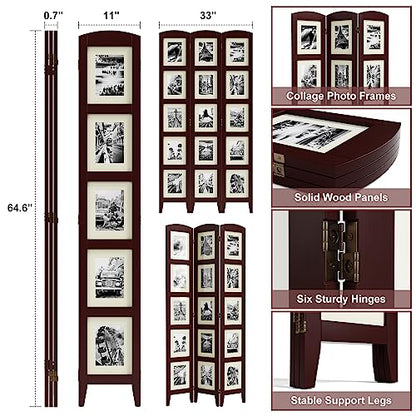 SZQINJI 3 Panel Photo Room Divider Screen, Walnut | Divider for Room Separation, for 8x10 Picture Frame Without Mat, for 5x7 Photo With Mat, Foldable, Mother Day's Gift - color: Walnut