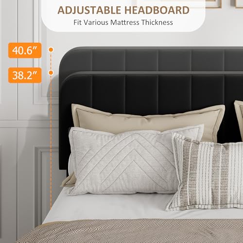Garvee Queen Size Velvet Bed Frame with 4 Storage Drawers, Upholstered Platform Bed with Vertical Channel Tufted Adjustable Headboard, No Box Spring Needed, Easy Assembly, Black | Plush Velvet Comfort, Adjustable Tufted Headboard, Sturdy Slat Support, Qui