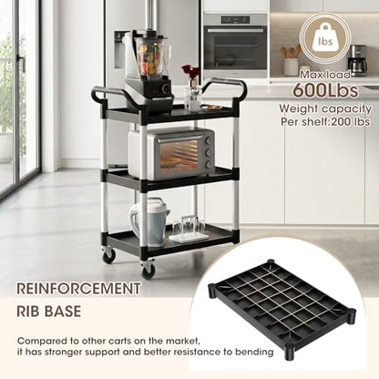 Plastic Utility Carts with Wheels, 3-Tier Rolling Cart with 4 Lockable Wheels, Heavy Duty 600 LBS Capacity Food Service Cart (Does Not Contain Recycled Plastic),16.8" D x 31.5" W x 37.8" H - size: Medium