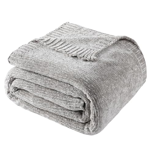 Chenille Throw Blanket for Couch Sofa, Light Grey Throw Blanket 51"x67" | Shiny Chenille Blanket, Soft Cozy Gray Knit Throw Blanket, Knitted Chenille Throw Blanket for Chair, Living Room, Home Decor - color: Gray