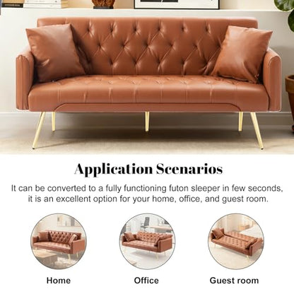 Anwick 72''Modern Velvet Sofa Bed Futon,Convertible Folding Sleeper Couches with 3 Adjustable Backrests,Tufted Recliner Loveseat with Golden Chrome Legs for Living Room Apartment Office (Brown) - color: Brown