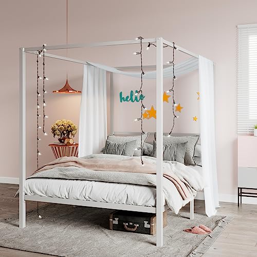 SHA CERLIN Full Size Canopy Bed Frame with Heavy Duty Metal Slats, White | Modern Minimalist Design Four-Poster, Under-Bed Storage Space, Mattress Foundation, No Box Spring Needed, Easy Assembly - color: White, size: Full
