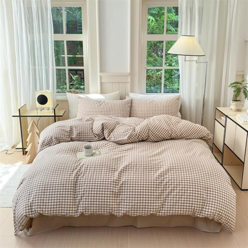 Nayoroom Brown Gingham Duvet Cover Set King Tan Plaid Checkered Bedding | Soft Breathable Washed Microfiber, All-Season Comfort, Hidden Zipper, 4 Corner Ties, Modern Farmhouse Cottage, Dorm Bedding - color: B - Brown Gingham, size: King(No Comforter)
