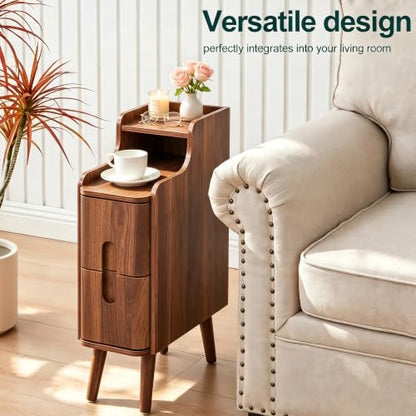 FurSch Narrow Nightstand, Wooden 2 Drawer, Walnut, Set of 2 | Slim Side End Table, Skinny Bedside Table, Mid Century Modern, With Drawers for Bedroom - color: Walnut 3-2 Pcs
