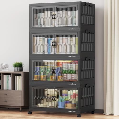 BROVIEW 480Qt Stackable Storage Bins with Lid for Home Dorm, 4Pack Black | Closet Organizers, Foldable & Collapsible Cabinets, Large Containers, Wheels & Magnetic Doors, Plastic Drawers for School - color: Black, size: 120QT-4Pack
