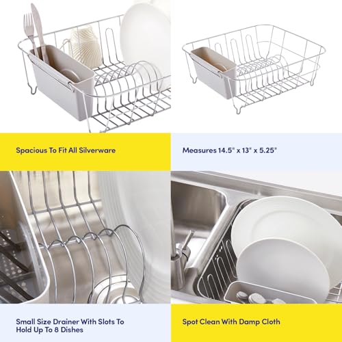 Dish Drying Rack & Cutlery Holder 2 Piece Set - Compact Sink-Fitting Dish Drainer with Rubberized Undercoating, Space-Saving Kitchen Organizer for Plates, Cups, Bowls & Utensils in Sink, Silver - color: Silver