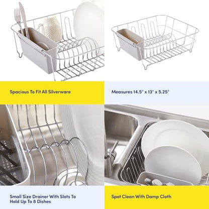 Dish Drying Rack & Cutlery Holder 2 Piece Set - Compact Sink-Fitting Dish Drainer with Rubberized Undercoating, Space-Saving Kitchen Organizer for Plates, Cups, Bowls & Utensils in Sink, Silver - color: Silver