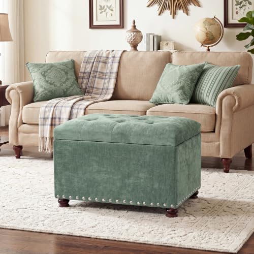 24" Storage Ottoman,Tufted Upholstered Fabric Ottoman Bench | Hidden Storage,Foot Rest Stool for Living Room Bedroom Entryway,Nailhead Trim,Wooden Legs,400 lbs Capacity - color: Green
