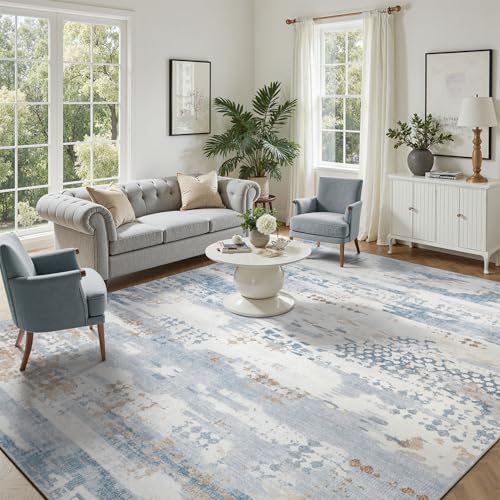 DCX Washable Abstract Area Rug 5x7, Non Slip Low Pile Rug, Blue | Easy to clean, non-shedding, soft, kid & pet friendly, with a non-slip rubber backing for living rooms, bedrooms, and offices - color: Blue & White, size: 5' x 7' (Rectangular)